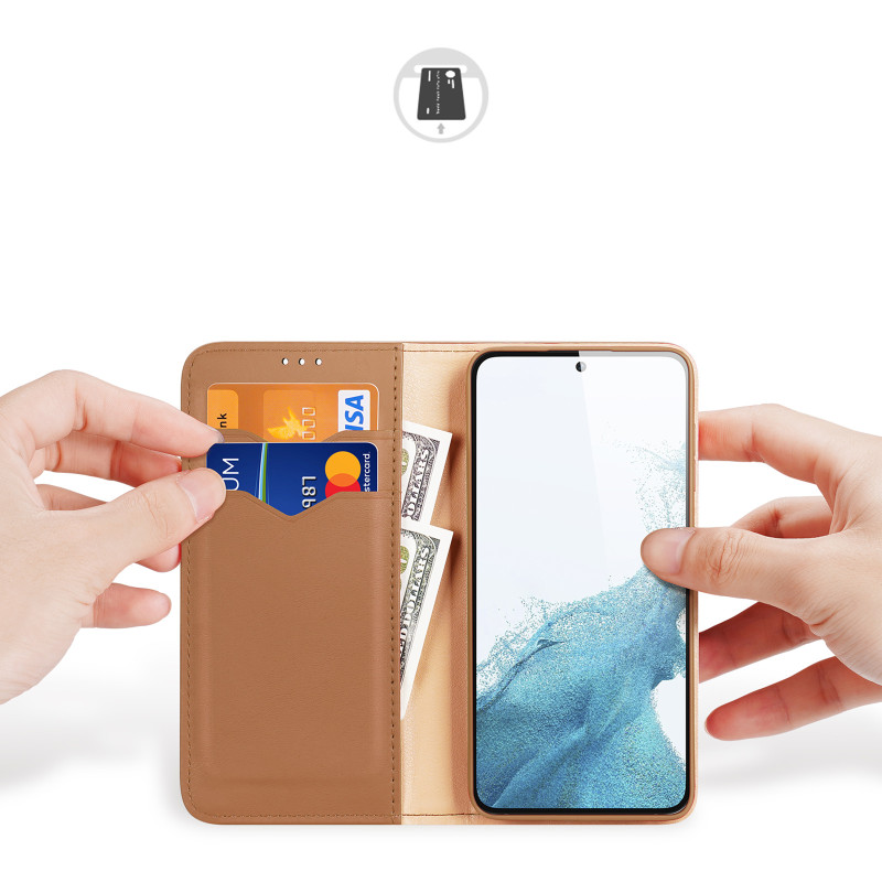 Dux Ducis Hivo dėklas, skirtas Samsung Galaxy S23 dangtelis su atvartu piniginės stovu RFID blokuoja rudas