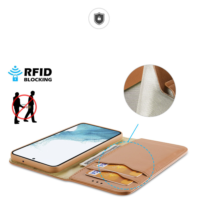 Dux Ducis Hivo dėklas, skirtas Samsung Galaxy S23 dangtelis su atvartu piniginės stovu RFID blokuoja rudas