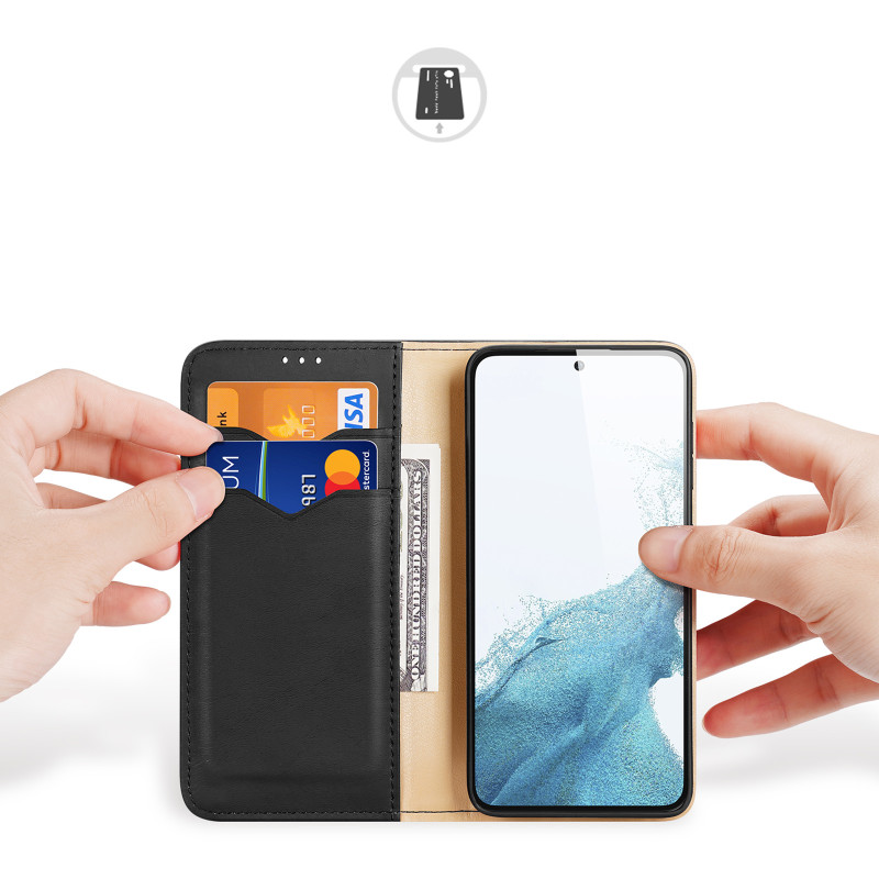 Dux Ducis Hivo dėklas, skirtas Samsung Galaxy S23+ dangtelis su atvartu piniginės stovu RFID blokuojantis juodas