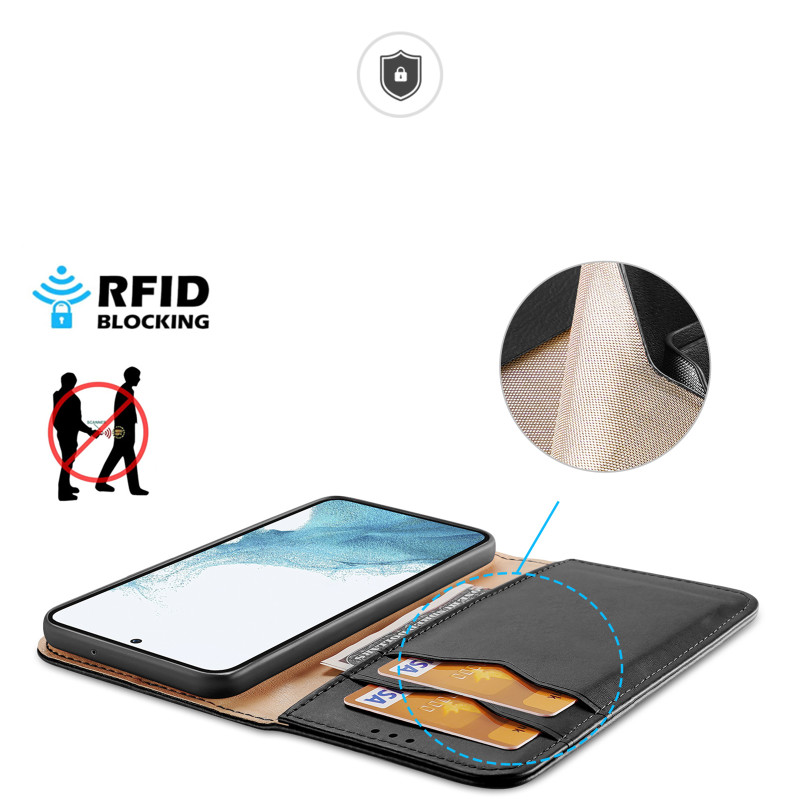 Dux Ducis Hivo dėklas, skirtas Samsung Galaxy S23+ dangtelis su atvartu piniginės stovu RFID blokuojantis juodas