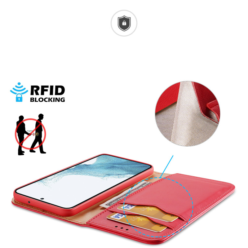 Dux Ducis Hivo dėklas, skirtas Samsung Galaxy S23+ dangtelis su atvartu piniginės stovu RFID blokuojantis raudonas