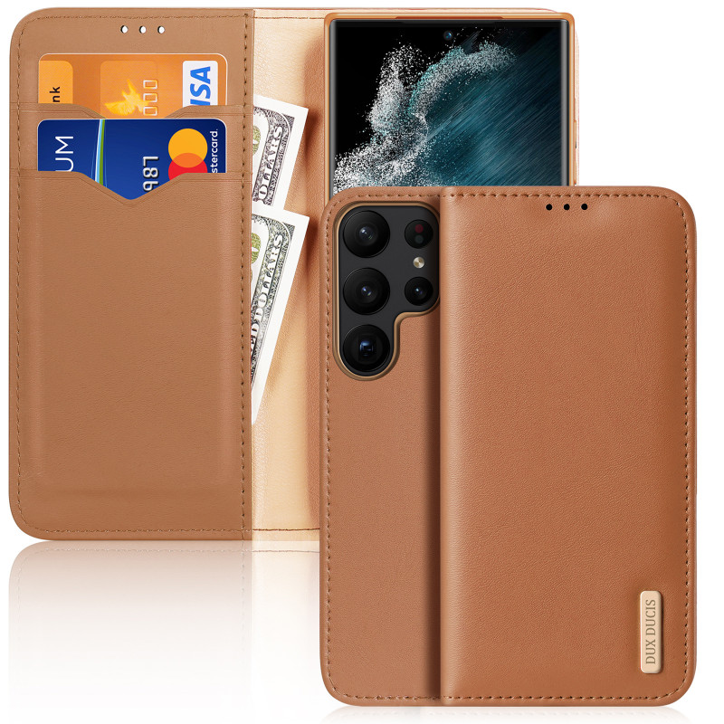 Dux Ducis Hivo dėklas, skirtas Samsung Galaxy S23 Ultra Flip Cover piniginės stovas RFID blokatorius rudas