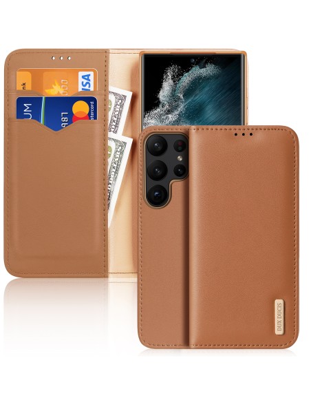 Dux Ducis Hivo dėklas, skirtas Samsung Galaxy S23 Ultra Flip Cover piniginės stovas RFID blokatorius rudas