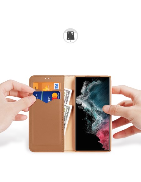 Dux Ducis Hivo dėklas, skirtas Samsung Galaxy S23 Ultra Flip Cover piniginės stovas RFID blokatorius rudas