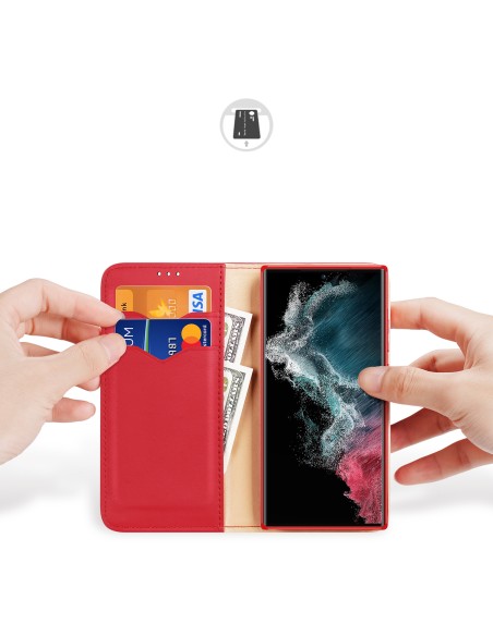 Dux Ducis Hivo dėklas, skirtas Samsung Galaxy S23 Ultra Flip Cover Piniginės stovas RFID blokatorius raudonas