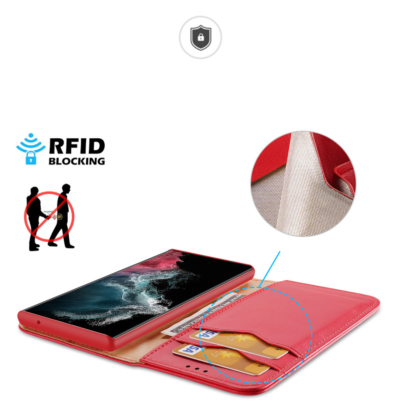 Dux Ducis Hivo dėklas, skirtas Samsung Galaxy S23 Ultra Flip Cover Piniginės stovas RFID blokatorius raudonas