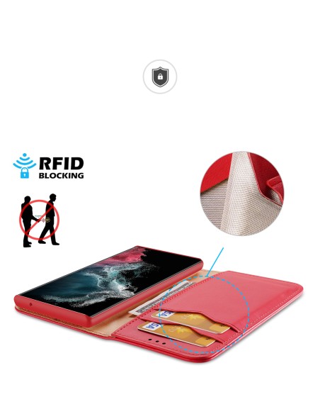 Dux Ducis Hivo dėklas, skirtas Samsung Galaxy S23 Ultra Flip Cover Piniginės stovas RFID blokatorius raudonas