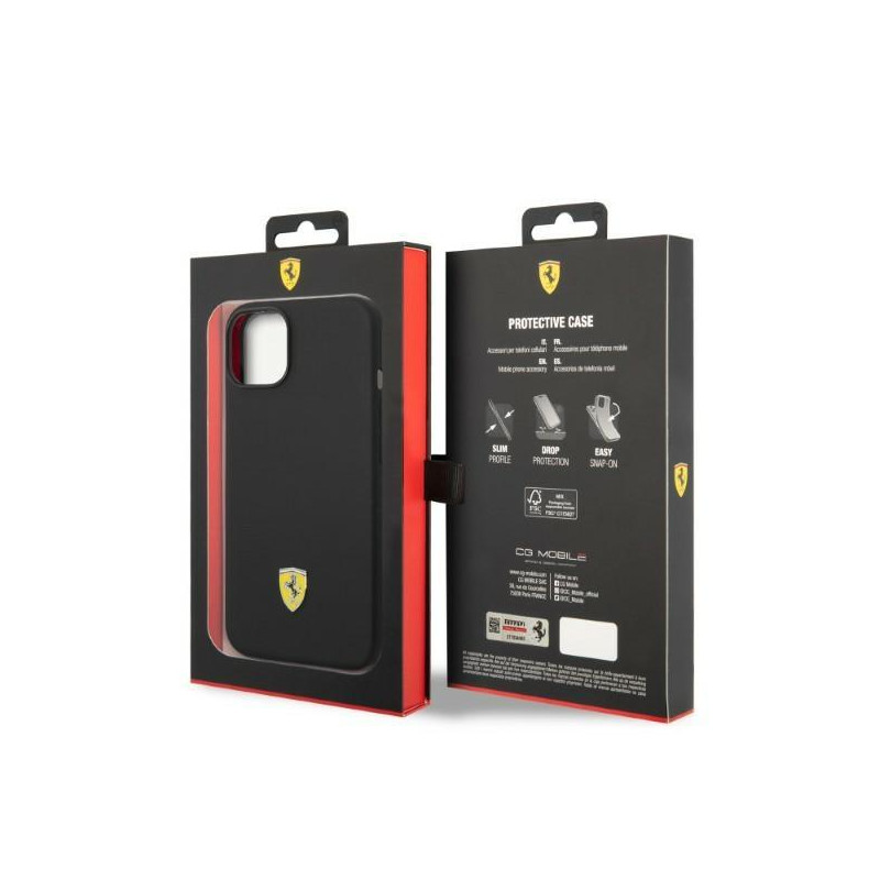 Ferrari Silicone Metal Logo Magsafe dėklas iPhone 14 - juodas