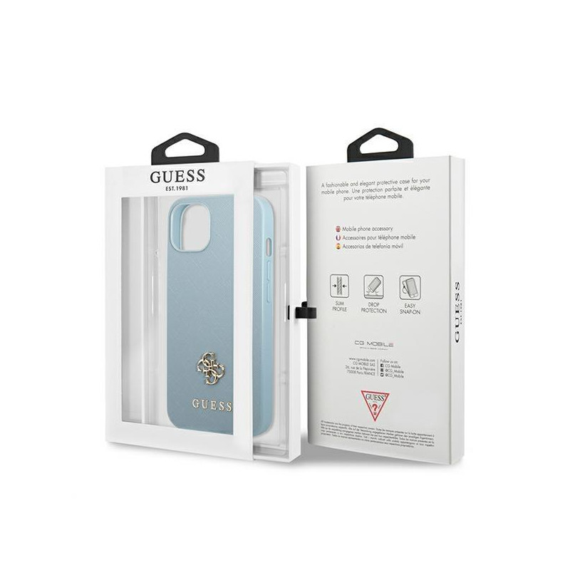 Guess Saffiano 4G Small Metal Logo dėklas iPhone 13 mini - mėlynas