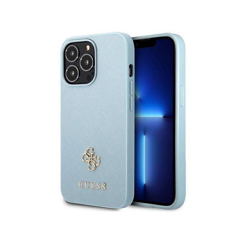 Guess Saffiano 4G Small Metal Logo dėklas, skirtas iPhone 13 Pro Max - mėlynas