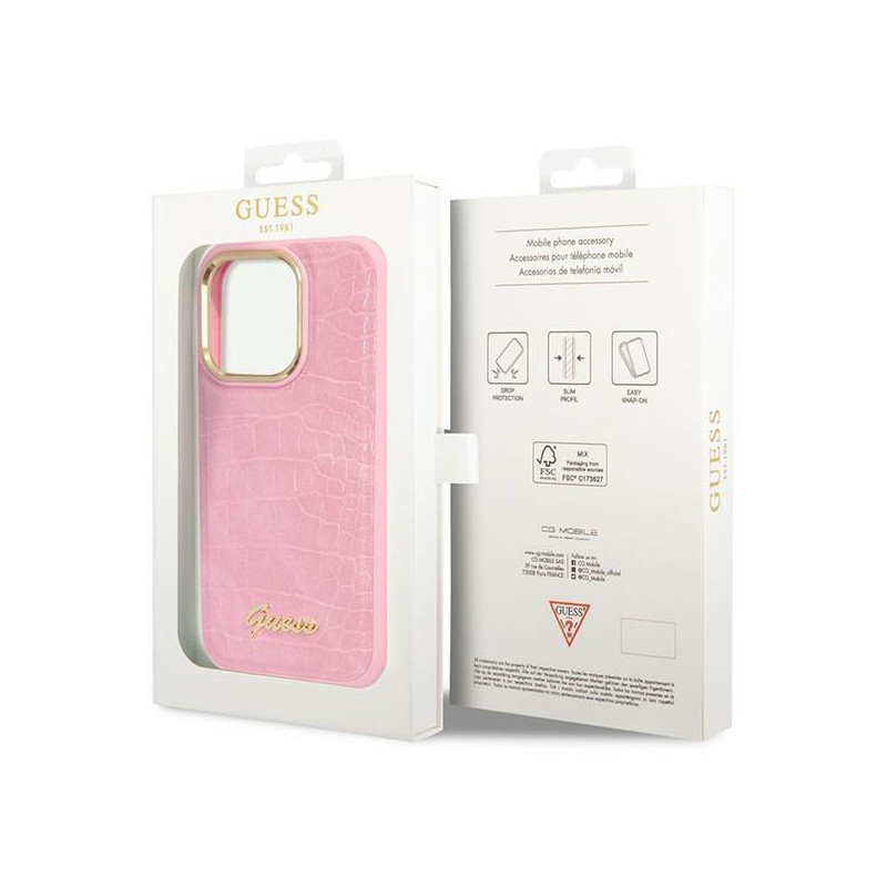 Guess Croco Collection dėklas iPhone 14 Pro - rožinis