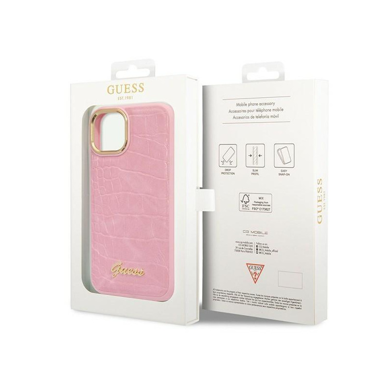 Guess Croco Collection dėklas iPhone 14 Plus - rožinis