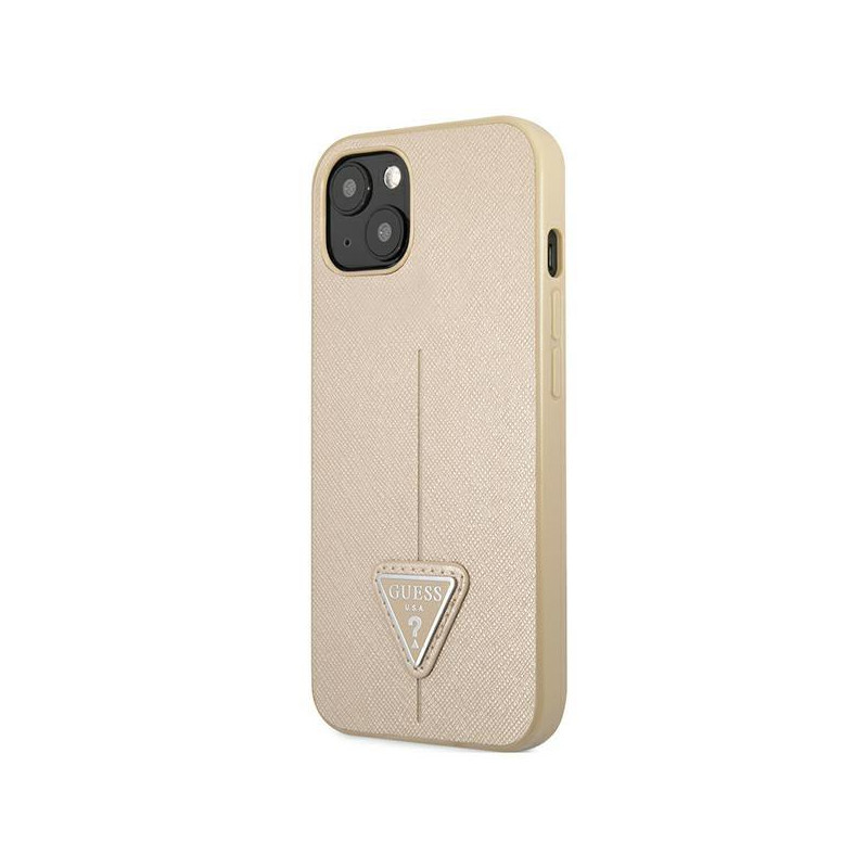 Guess Saffiano Triangle Logo dėklas, skirtas iPhone 14 Plus - smėlio spalvos