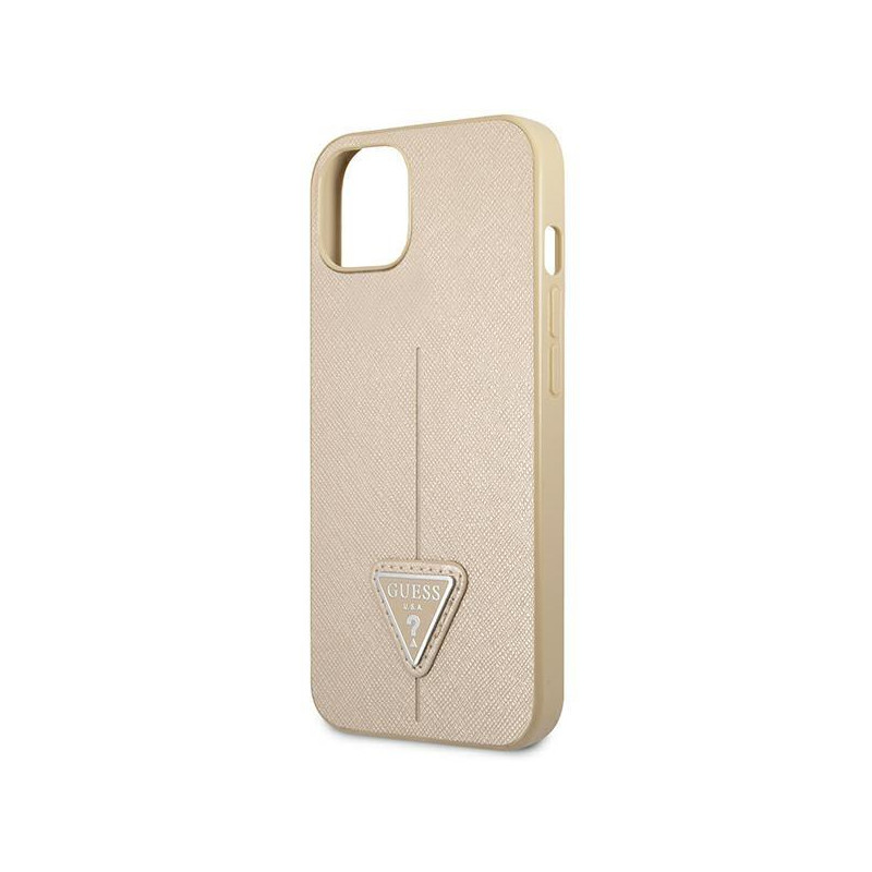 Guess Saffiano Triangle Logo dėklas, skirtas iPhone 14 Plus - smėlio spalvos