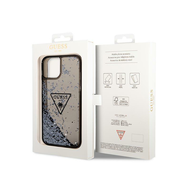 Guess Liquid Glitter Palm Collection dėklas iPhone 14 - juodas