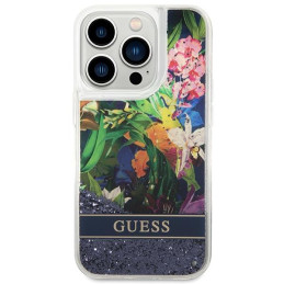 Guess Flower Liquid Glitter dėklas, skirtas iPhone 14 Pro Max - mėlynas