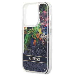 Guess Flower Liquid Glitter dėklas, skirtas iPhone 14 Pro Max - mėlynas
