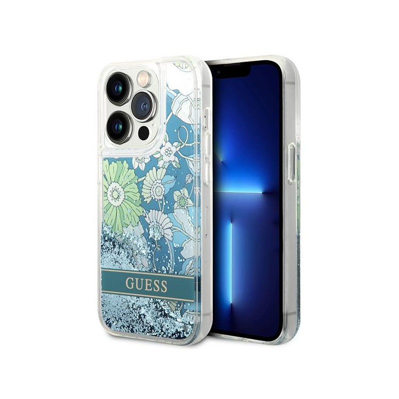 Guess Flower Liquid Glitter dėklas, skirtas iPhone 14 Pro Max - žalias