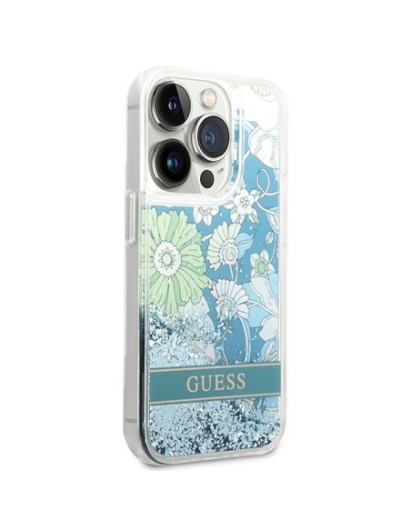 Guess Flower Liquid Glitter dėklas, skirtas iPhone 14 Pro Max - žalias Guess Flower Liquid Glitter dėklas, skirtas iPhone 14 Pro Max - žalias