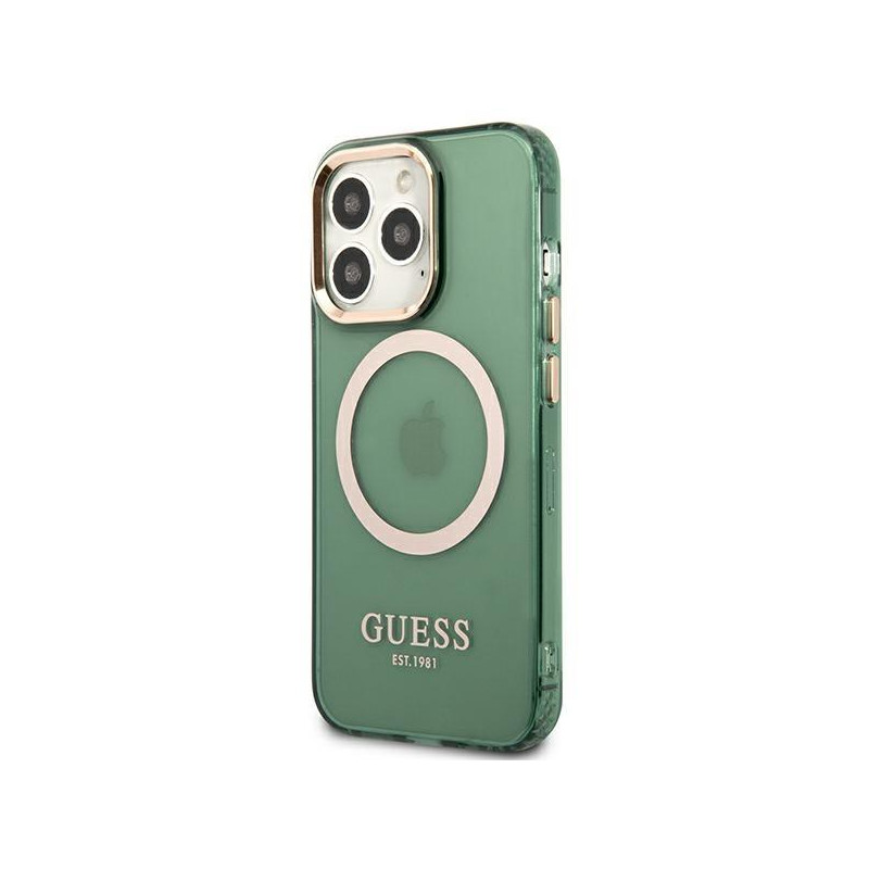 Guess Gold Outline permatomas MagSafe dėklas, skirtas iPhone 13 Pro / iPhone 13 - žalias