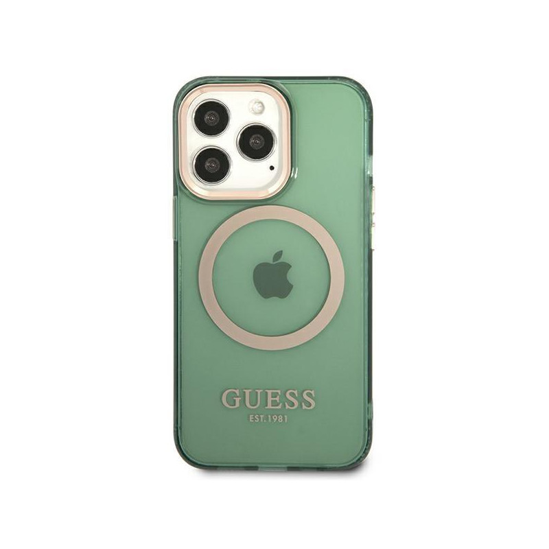 Guess Gold Outline permatomas MagSafe dėklas, skirtas iPhone 13 Pro / iPhone 13 - žalias
