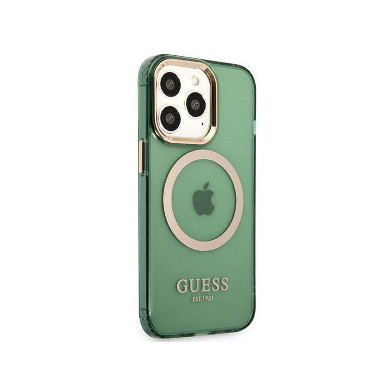 Guess Gold Outline permatomas MagSafe dėklas, skirtas iPhone 13 Pro / iPhone 13 - žalias