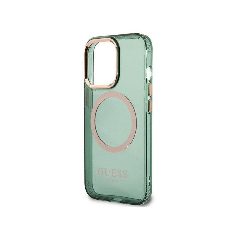 Guess Gold Outline permatomas MagSafe dėklas, skirtas iPhone 13 Pro / iPhone 13 - žalias