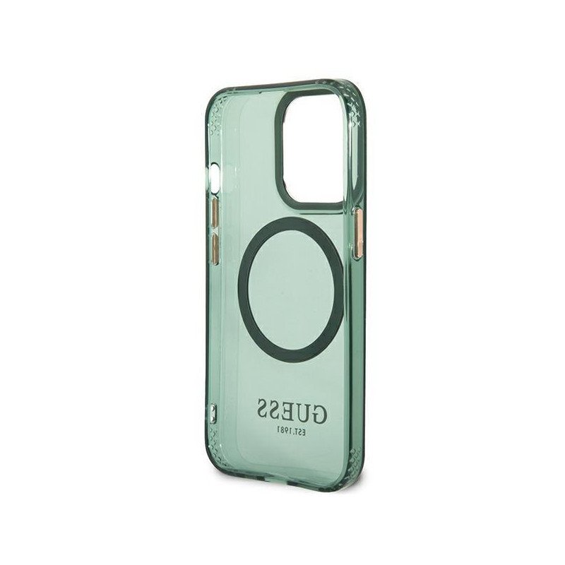 Guess Gold Outline permatomas MagSafe dėklas, skirtas iPhone 13 Pro / iPhone 13 - žalias