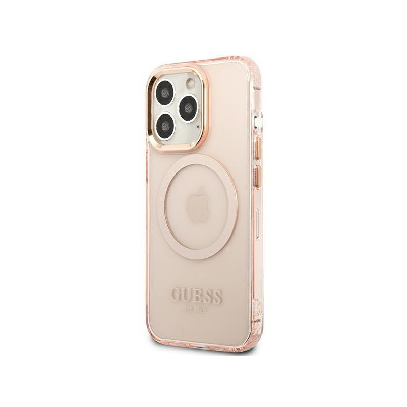 Guess Gold Outline permatomas MagSafe dėklas, skirtas iPhone 13 Pro / iPhone 13 - rožinis