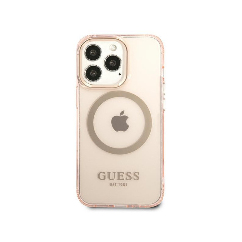Guess Gold Outline permatomas MagSafe dėklas, skirtas iPhone 13 Pro / iPhone 13 - rožinis