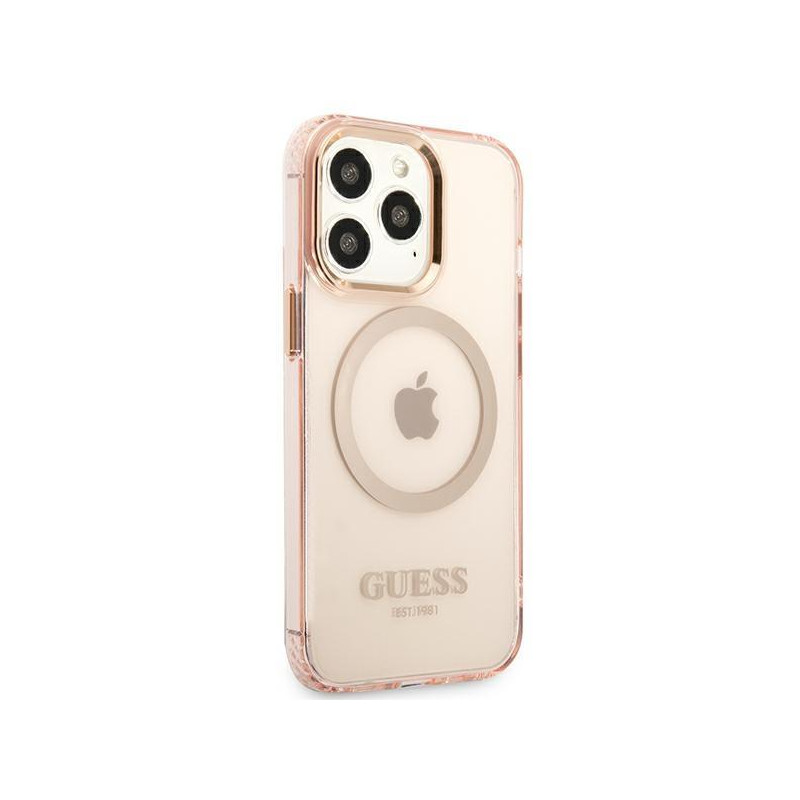 Guess Gold Outline permatomas MagSafe dėklas, skirtas iPhone 13 Pro / iPhone 13 - rožinis