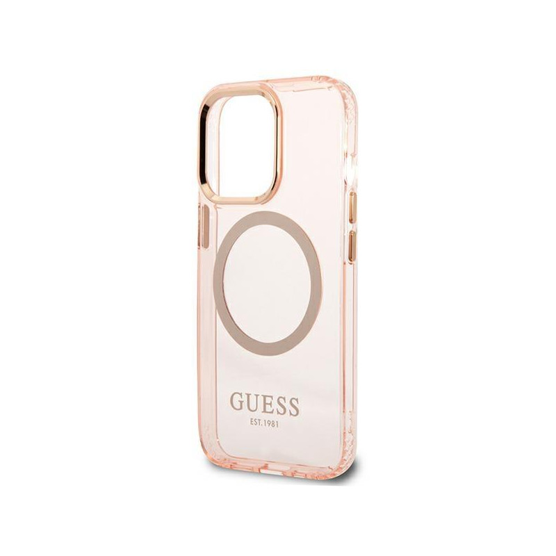 Guess Gold Outline permatomas MagSafe dėklas, skirtas iPhone 13 Pro / iPhone 13 - rožinis