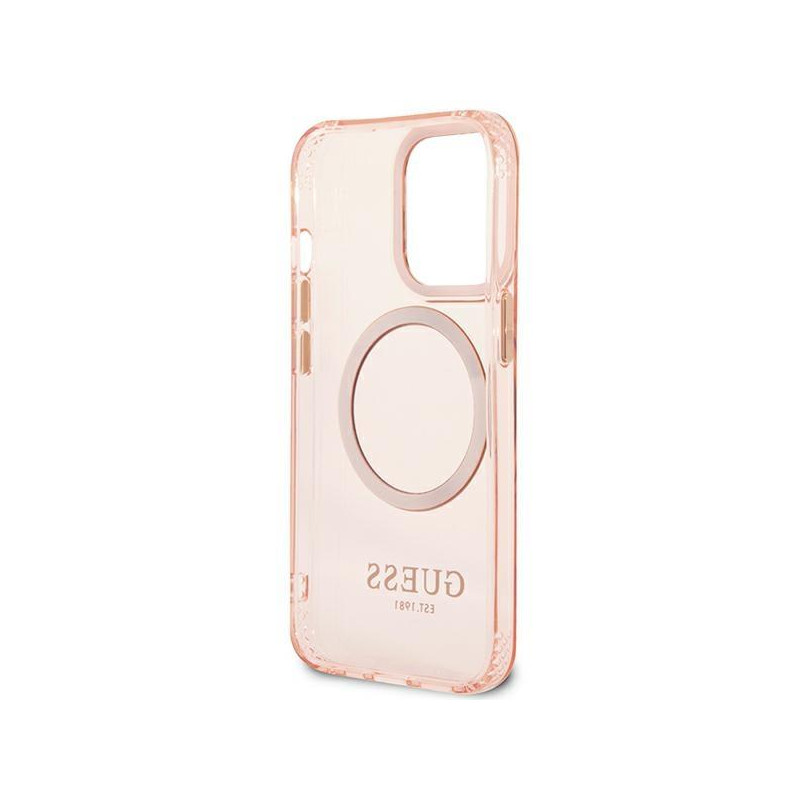 Guess Gold Outline permatomas MagSafe dėklas, skirtas iPhone 13 Pro / iPhone 13 - rožinis