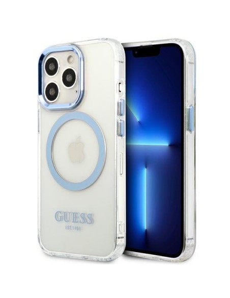 Guess Metal Outline MagSafe dėklas, skirtas iPhone 13 Pro / iPhone 13 - mėlynas Guess Metal Outline MagSafe dėklas, skirtas iPhone 13 Pro / iPhone 13 - mėlynas