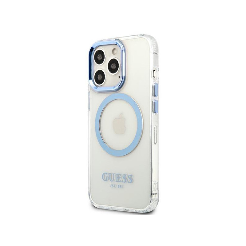 Guess Metal Outline MagSafe dėklas, skirtas iPhone 13 Pro / iPhone 13 - mėlynas