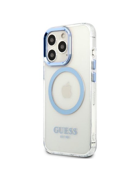 Guess Metal Outline MagSafe dėklas, skirtas iPhone 13 Pro / iPhone 13 - mėlynas Guess Metal Outline MagSafe dėklas, skirtas iPhone 13 Pro / iPhone 13 - mėlynas