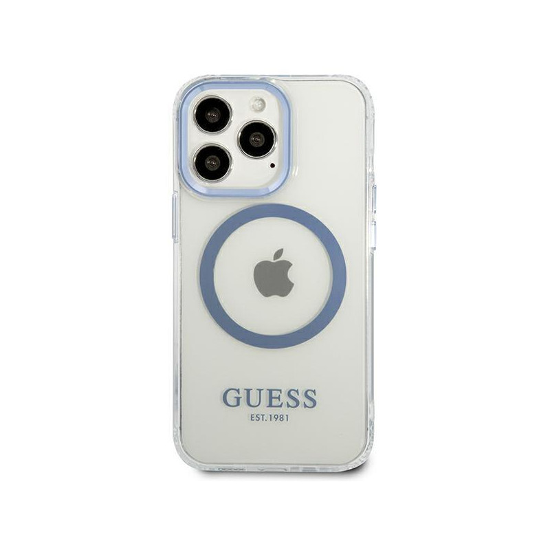 Guess Metal Outline MagSafe dėklas, skirtas iPhone 13 Pro / iPhone 13 - mėlynas