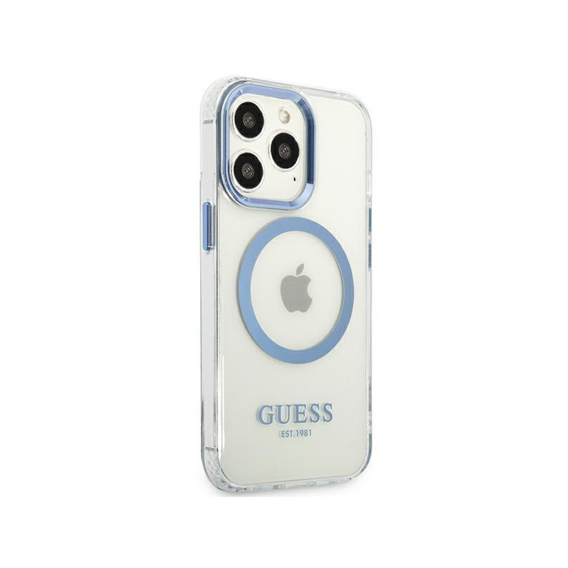 Guess Metal Outline MagSafe dėklas, skirtas iPhone 13 Pro / iPhone 13 - mėlynas