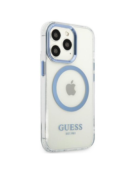 Guess Metal Outline MagSafe dėklas, skirtas iPhone 13 Pro / iPhone 13 - mėlynas Guess Metal Outline MagSafe dėklas, skirtas iPhone 13 Pro / iPhone 13 - mėlynas