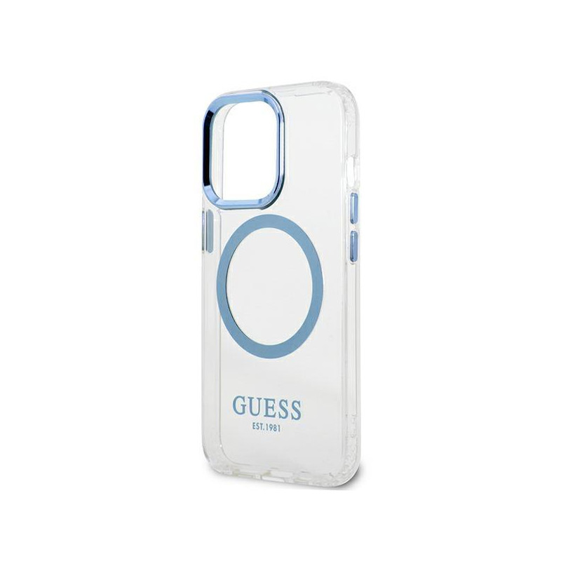 Guess Metal Outline MagSafe dėklas, skirtas iPhone 13 Pro / iPhone 13 - mėlynas