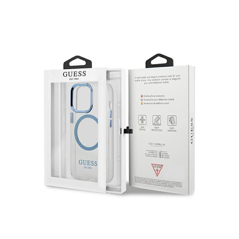 Guess Metal Outline MagSafe dėklas, skirtas iPhone 13 Pro / iPhone 13 - mėlynas