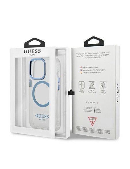 Guess Metal Outline MagSafe dėklas, skirtas iPhone 13 Pro / iPhone 13 - mėlynas Guess Metal Outline MagSafe dėklas, skirtas iPhone 13 Pro / iPhone 13 - mėlynas