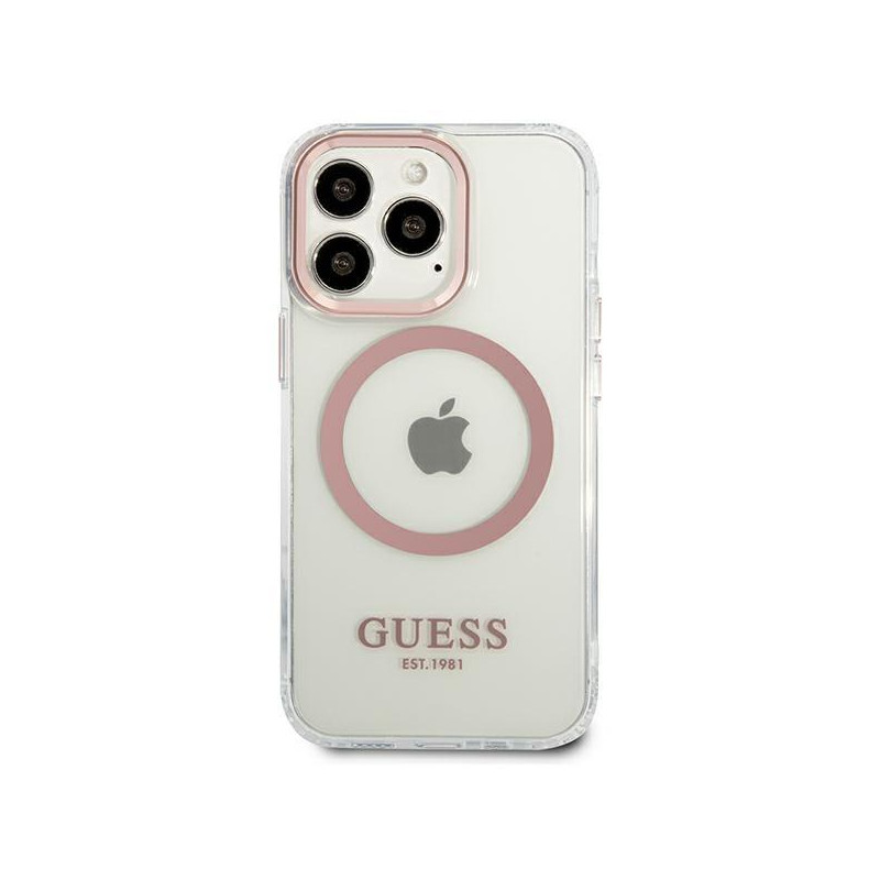 Guess Metal Outline MagSafe dėklas, skirtas iPhone 13 Pro / iPhone 13 - rožinis