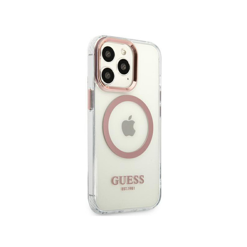 Guess Metal Outline MagSafe dėklas, skirtas iPhone 13 Pro / iPhone 13 - rožinis