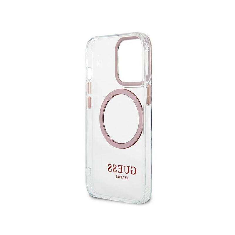 Guess Metal Outline MagSafe dėklas, skirtas iPhone 13 Pro / iPhone 13 - rožinis