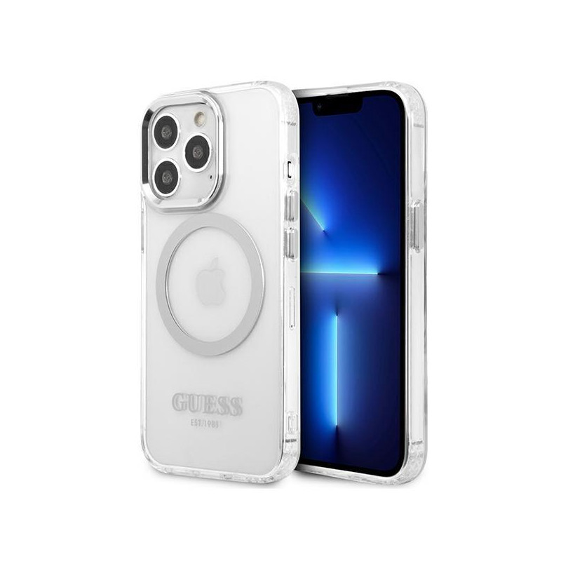 Guess Metal Outline MagSafe dėklas, skirtas iPhone 13 Pro / iPhone 13 - sidabrinis