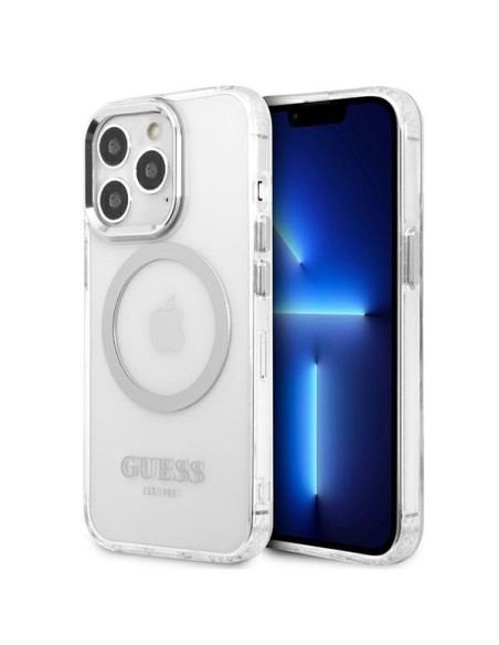 Guess Metal Outline MagSafe dėklas, skirtas iPhone 13 Pro / iPhone 13 - sidabrinis Guess Metal Outline MagSafe dėklas, skirtas iPhone 13 Pro / iPhone 13 - sidabrinis