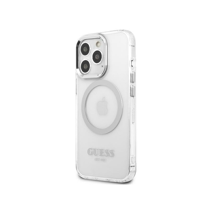 Guess Metal Outline MagSafe dėklas, skirtas iPhone 13 Pro / iPhone 13 - sidabrinis