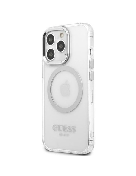 Guess Metal Outline MagSafe dėklas, skirtas iPhone 13 Pro / iPhone 13 - sidabrinis Guess Metal Outline MagSafe dėklas, skirtas iPhone 13 Pro / iPhone 13 - sidabrinis