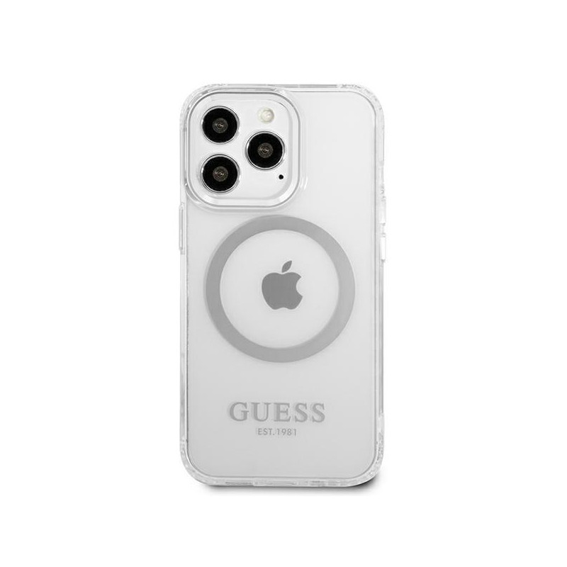 Guess Metal Outline MagSafe dėklas, skirtas iPhone 13 Pro / iPhone 13 - sidabrinis